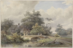 Landschap met stenen brug bij een huis by Barend Cornelis Koekkoek