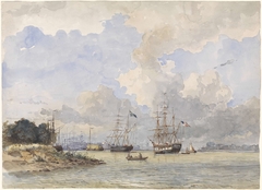 Maas voor Rotterdam, met een Amerikaans en Zweeds schip by Willem Anthonie van Deventer