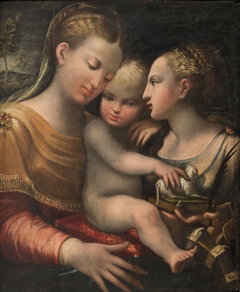 Madonna met kind en de H. Catharina (?) by navolger Parmigianino