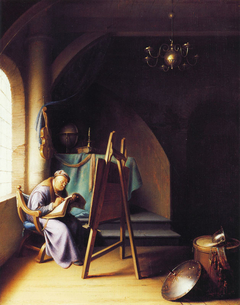 Man writing by an easel by Gerrit Dou