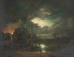 Moonlit River Scene with a Building on Fire by Unknown Artist