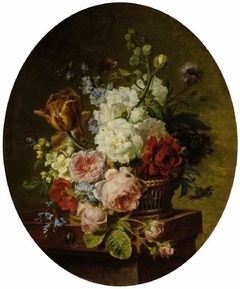 Open wicker basket of mixed flowers, including tulip, roses, hareball, hollyhock, poppy, larkspur and auricula on a marble ledge by Cornelis van Spaendonck