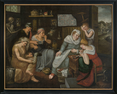 Paneelschildering "Allegorische scène met de drie schikgodinnen" olieverf op eikenhout door een onbekende schilder uit de omgeving van Frans Floris de Vriendt, ca. 1570 of iets later, Antwerpen by Frans Floris I