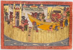 Ravana’s sister complains that her nose was cut off by Lakshmana as the demons prepare to depart to capture Sita, from the “Shangri” Ramayana by Anonymous