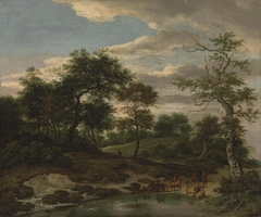 Rolling wooded landscape with cattle on a flooded road by Jacob van Ruisdael