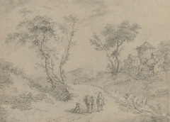 Ruiters met takkenbossen op een landweg bij een vervallen gebouw by Unknown Artist