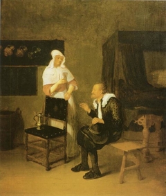 Scene at an Inn with elderly Guest and servant Maid by Quirijn van Brekelenkam