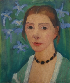 Self-portrait in front of a green background with a blue iris by Paula Modersohn-Becker