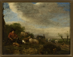 Shepherd with goats and sheep and a carriage on the right by Johannes Lingelbach