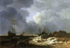 Ships in stormy weather off the coast by Jacob van Ruisdael