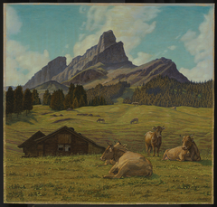 "Siesta" (Hochgebirgslandschaft mit Kühen) by August Gebhard