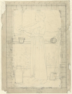 Staande vrouw die haar planten verzorgt by Ferdinand Roybet
