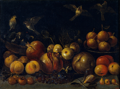 Still Life with Pomegranates, Apples, Pears, Grapes, Figs and Birds by Tommaso Realfonso