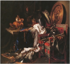 Still life with weaponry, silverware and mirror image of the artist by Willem Kalf