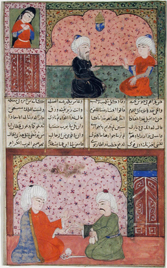 Two men in a room with decorated walls by Anonymous