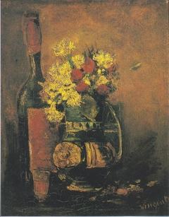 Vase of white carnations and roses and bottle by Vincent van Gogh