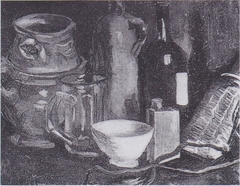 Still life with earthenware, Bierglas and bottle by Vincent van Gogh