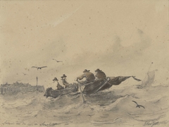 Vier mannen in een roeiboot by Albertus van Beest