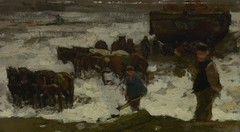 Vissers trekken hun boot op het strand; sneeuweffect by Willem de Zwart