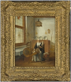 Vrouw achter haar spinnewiel by Franciscus Carree