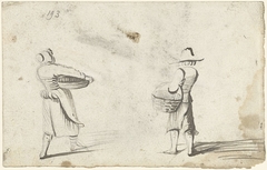 Vrouw met schaal en man met mand, van achteren by Harmen ter Borch