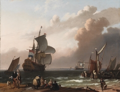 Warship and Dutch Sailboats near the Shore by Ludolf Bakhuizen