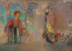 Woman in a gothic arcade- woman with flowers by Odilon Redon