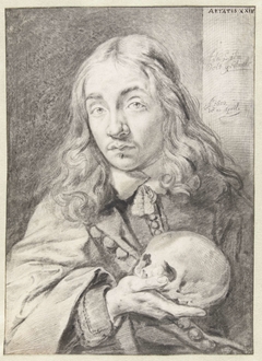 Zelfportret van Cornelis Visscher met schedel by Cornelis Visscher II