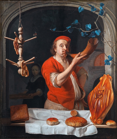 A Baker Blowing his Horn by Gabriël Metsu