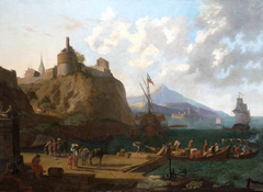 A  mediterranean harbour scene with numerous figures on a que beneath a fort by Adriaen van der Cabel