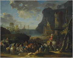 A Mediterranean harbour scene with Turkish merchants loading a caravan in the foreground by Jan Baptist van der Meiren