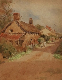 A Pair of Figures Walking Down a Lane Beside a Thatched Cottage by Wilfred Williams Ball