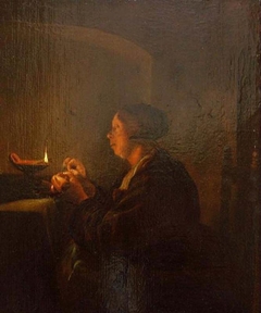 A woman sewing near an oil lamp by Pieter Cornelisz van Slingelandt