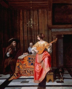 A Woman with a Cittern and a Singing Couple at a Table by Pieter de Hooch