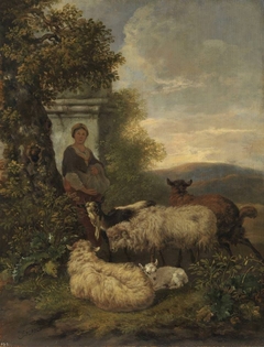 Abendlandschaft mit Schafen, Ziegen und Hirtin by Jacob van der Does