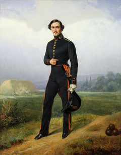 Alexandre Legros in gunner's uniform in a haystack landscape by Pierre Duval Le Camus