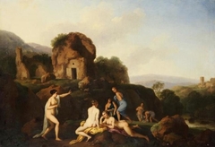 Arcadian landscape with nymphs and a Roman ruin by Christian Wilhelm Ernst Dietrich