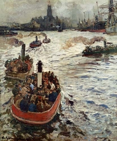 Auf dem Weg zur Arbeit im Hamburger Hafen by Friedrich Kallmorgen