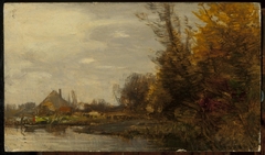 Autumn landscape with a cottage at waterside by Roman Kochanowski