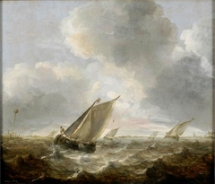 Bateaux de pêche sur une mer agitée ; Marine by Abraham van Beijeren