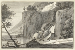 Bergachtig landschap met rechts steile rotsen by Roelant Roghman