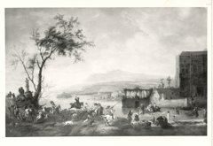 Bergige Flusslandschaft mit Jagdszene und Palast by Philips Wouwerman