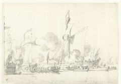 De tocht van de Engelse koning Karel II over de Thames naar Sheerness en Chatham op 27 Augustus 1681 by Willem van de Velde I