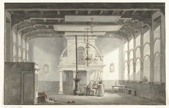 De zaal in de Kloveniersdoelen te Dordrecht waar de Nationale Synode in de jaren 1618-1619 gehouden is, 1836 by Johannes Rutten