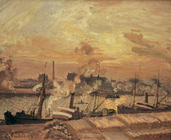 Déchargement de bois, quai de la Bourse, coucher de soleil by Camille Pissarro