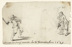 Drie jongens spelen het spel tiepelen by Harmen ter Borch