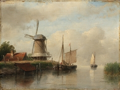 Dutch ships moored on a river beside a windmill by Andreas Schelfhout