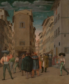 Florentine Street Scene with Twelve Figures (Sheltering the Traveler, one of the Seven Works of Mercy) by Unknown Artist