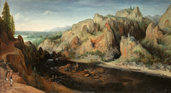 Gebirgslandschaft mit räuberischem Überfall und Stuckofen by Lucas van Valckenborch