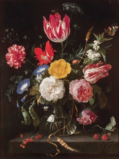 Glass Vase with Flowers on a Stone Ledge by Jan Davidsz. de Heem